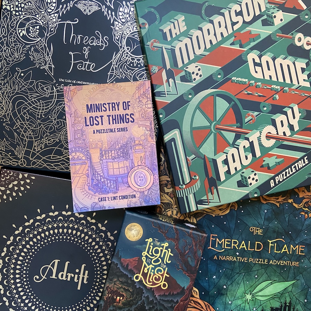 An assortment of beautifully illustrated game boxes from PostCurious.