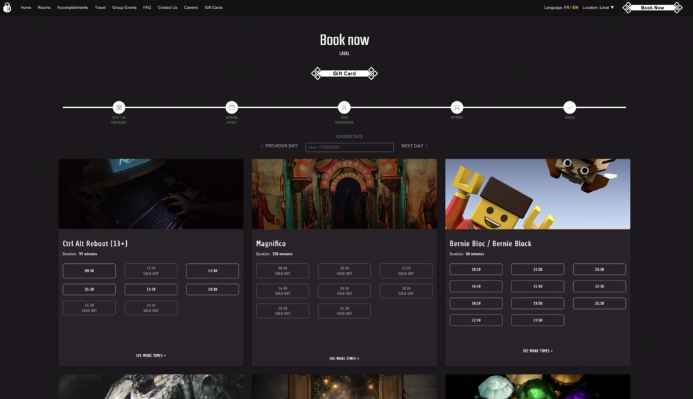 Marketing image showing booking schedules for 3 escape rooms: Cntl-Alt-Reboot, Magnifico, and Bernie Block