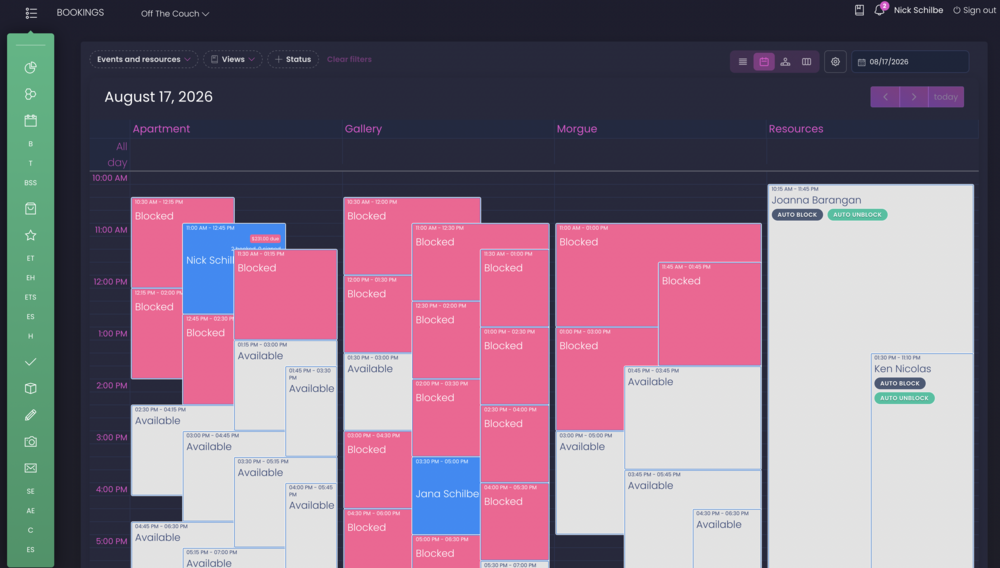Marketing image showing 4 days of a Calendar entries with slots blocked off by booked games