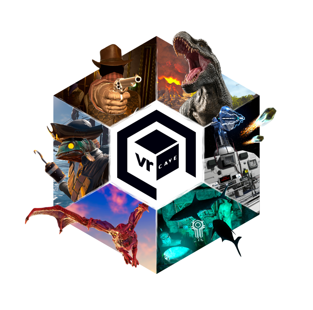 Hexagon logo showing six images from their VR games. In the center is the black and white vrCave cube logo